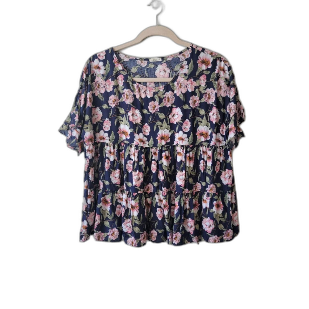 E. Luna Navy Floral Ruffle Rayon Blouse Size 1X Plus Feminine